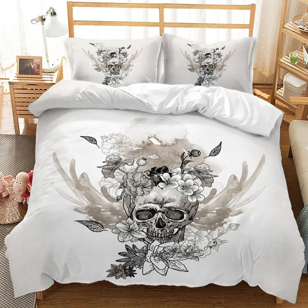 Skull Teen Comforter Cover King Queen Size,Halloween Skeleton Floral Duvet Cover Horror Gothic Black Soft Polyester Quilt Cover