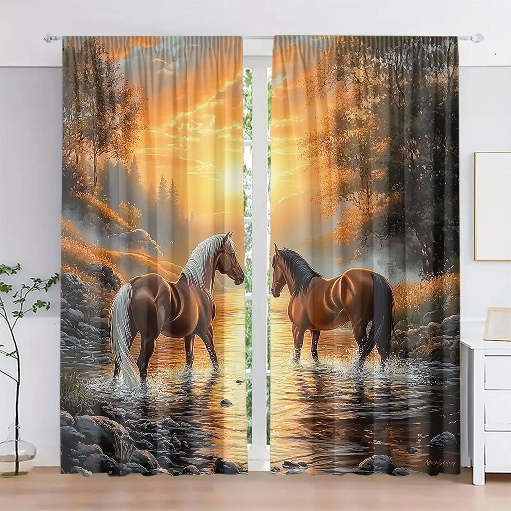 2 Pieces of Sunset Stream Horse Printed Curtains,30*65 Inches, Home Decoration, Room Decoration