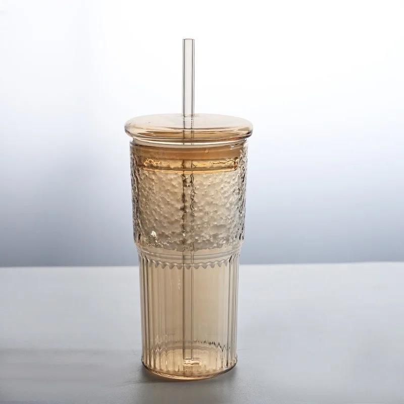 600ML Glass Cup Milk Coffee Cup with Lid And Straw Transparent Stripe Water  Mug Drinking Glasses Juice Tea Cup Drinkware