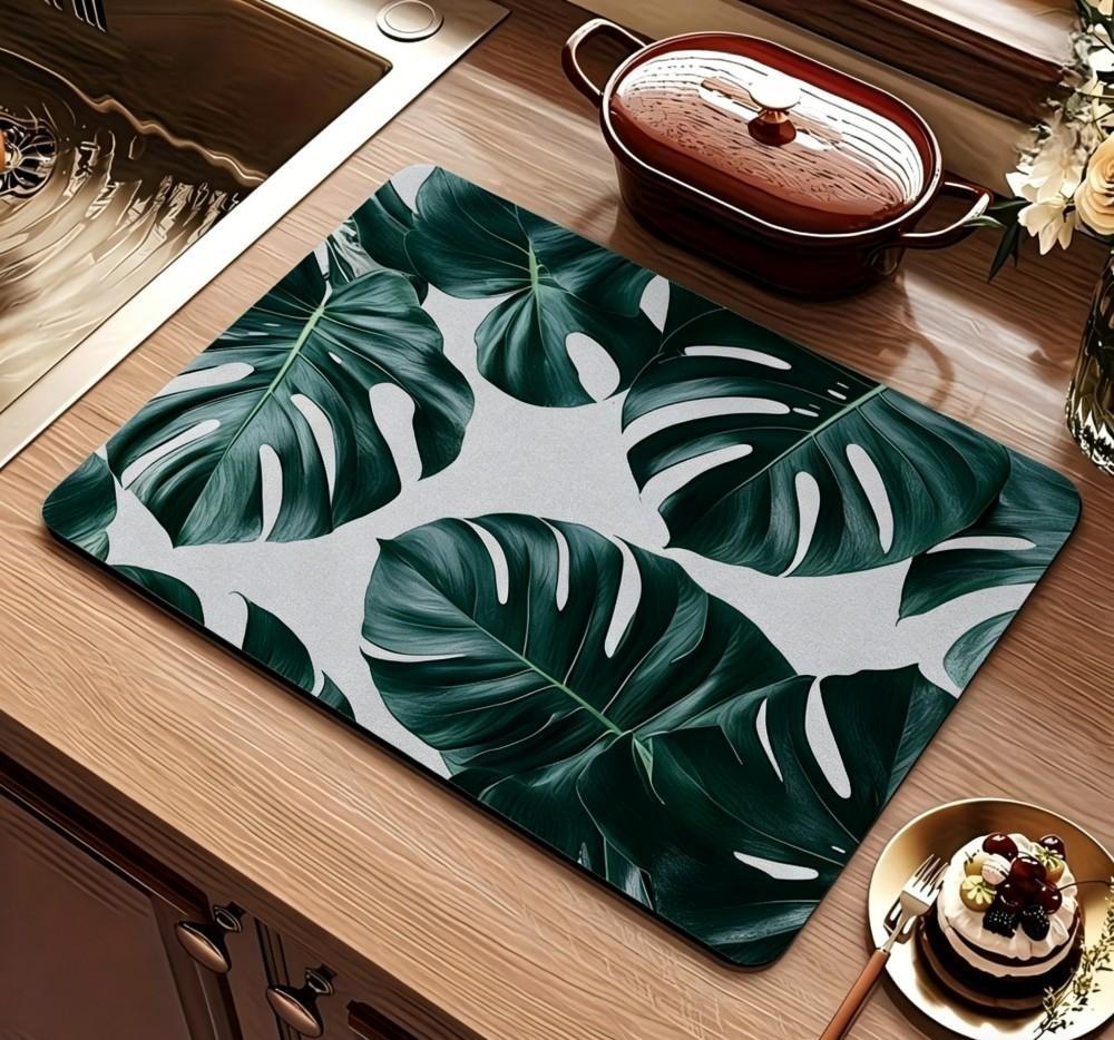 Tapis de séchage pour vaisselle feuille de Monstera tropical Super absorbant Tapis d'égouttage de cuisine Antidérapant Tapis d'égouttage pour bar à café Tapis décoratif 30x40cm