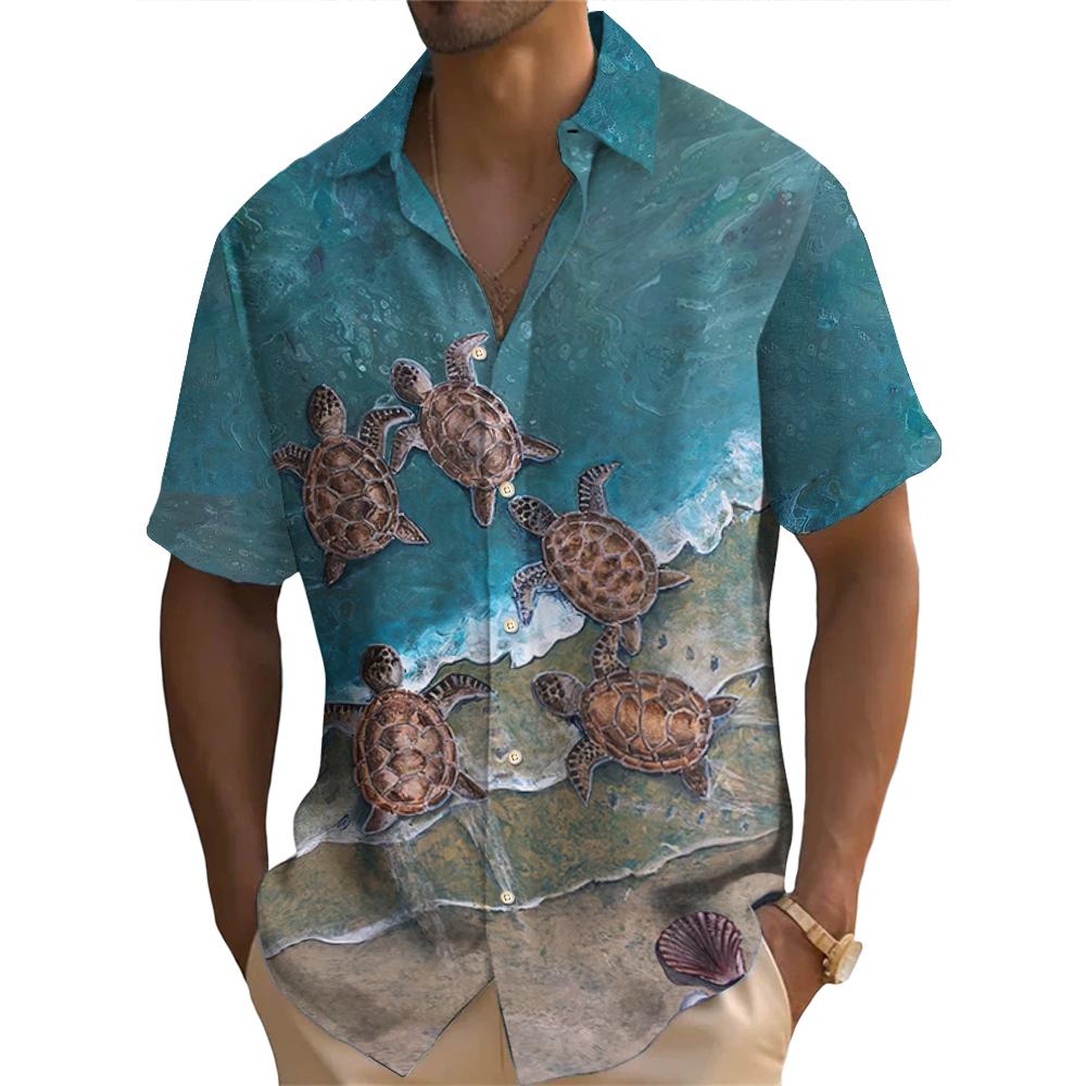Summer Fashion Retro Ocean Animals Turtle Print Men's Short Sleeve Shirt Street Casual Daily Oversized Men Shirts Oversized Tops