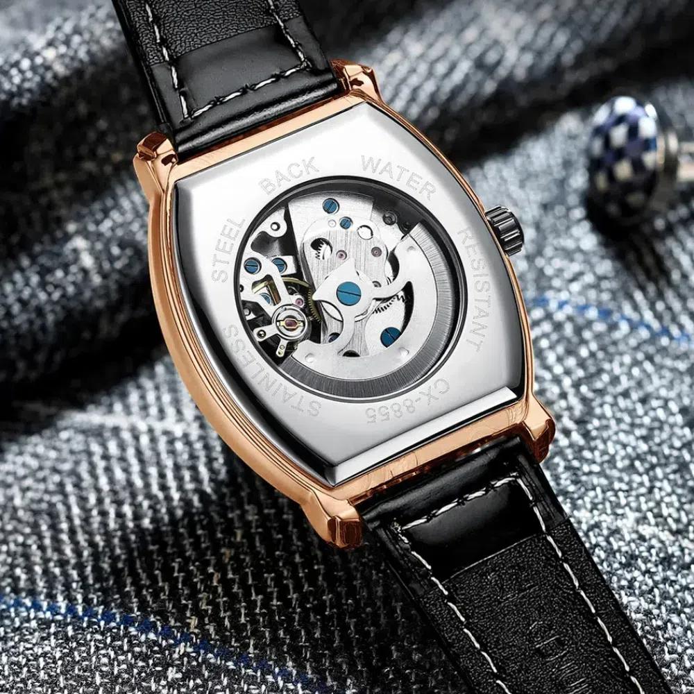 Chenxi Retro Hollow Skeleton Mens Automatic Mechanical Watch Waterproof Moon Phase Tourbillon Watches Luxury Tonneau Business Wristwatch