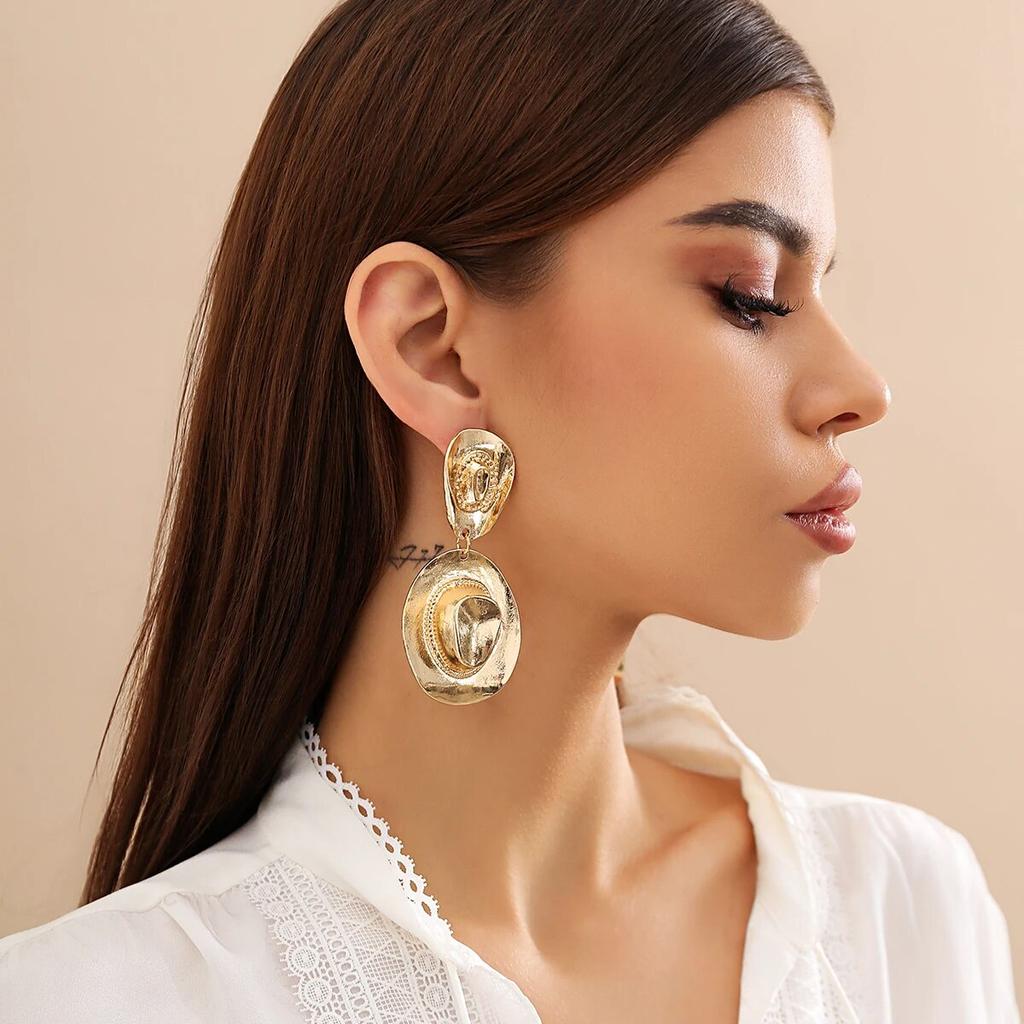 Punk Vintage Cowboy Hat Pendant Earrings for Women Exaggerated Gold Color Big Dangle Earrings Y2K Party Jewelry Accessories New