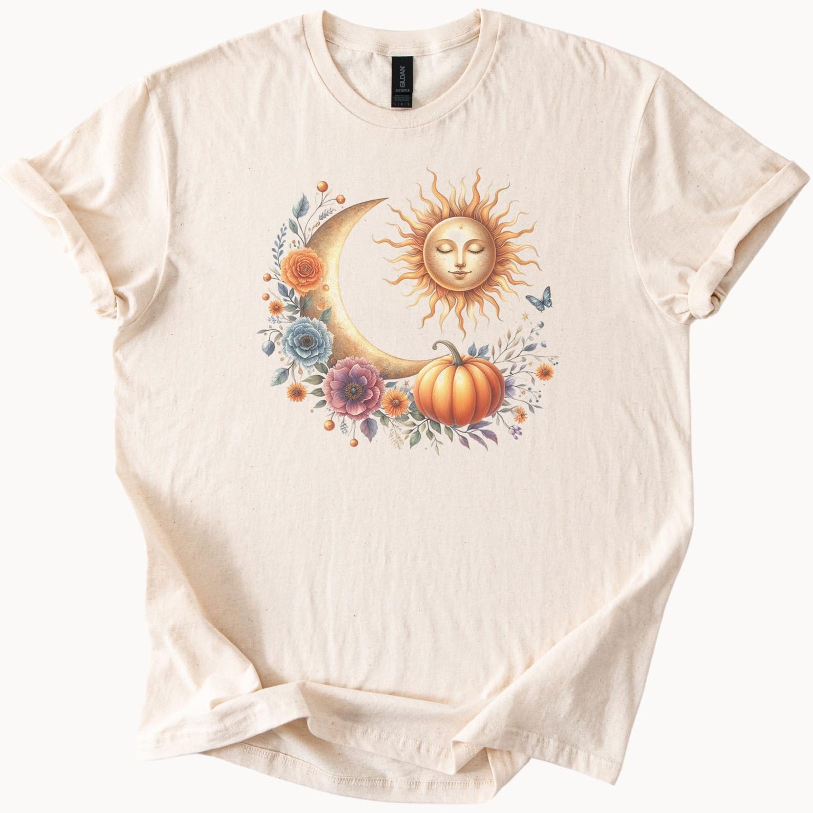 Sun Moon Pumpkin Floral Graphic Shirt Fall Autumn Flowers Crescent Moon Sunflower Butterfly Tee Boho Nature Aesthetic T Shirt 100