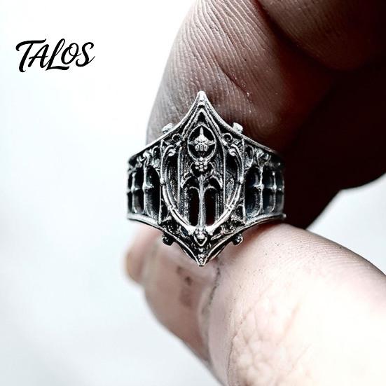 Retro Church Band Vintage Gothic Ring for Men, Hollow Engraved Architecture Statement Band, Dark Style Punk Finger Jewelry Daily Wear Parties Durable