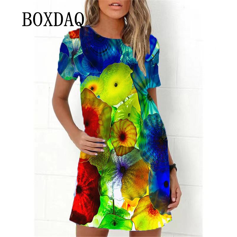 Gradient Colorful Flame Print Women Dresses Fashion Short Sleeve Loose A-Line Dress Oversized Summer Casual Beach Party Sundress