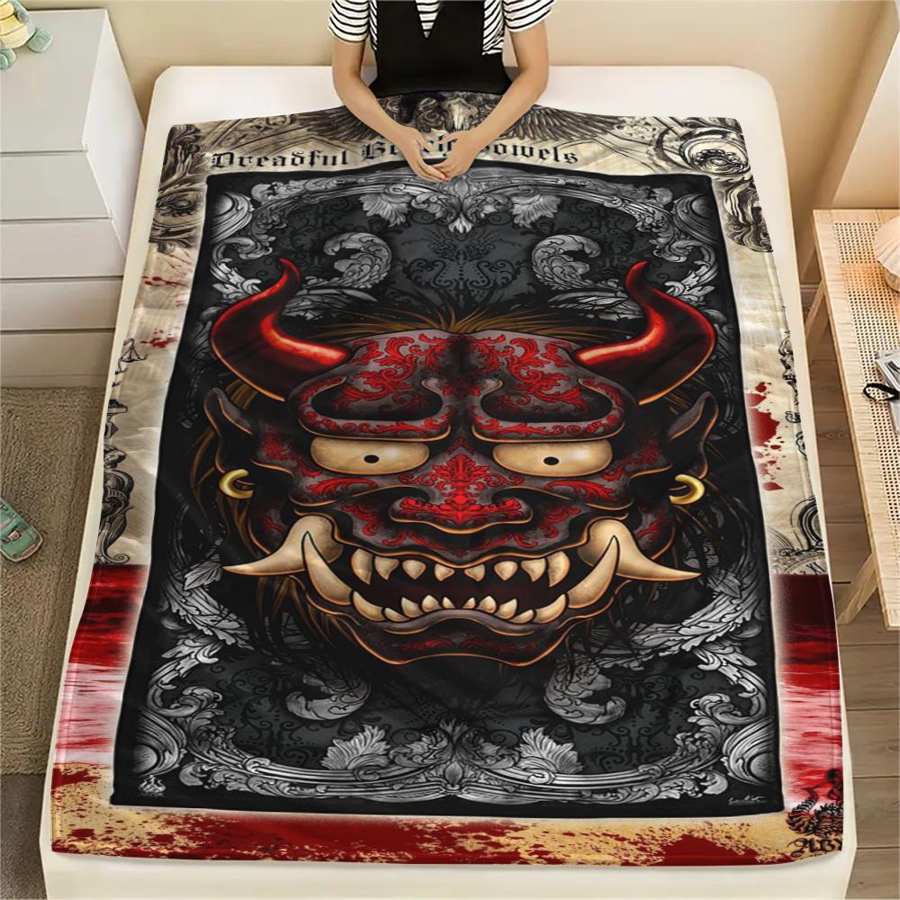 1Pc Hannya Samurai Print Flannel Blanket, High quality Comfortable for All Seasons, Home Decor, Warmth and Comfort, Perfect for Christmas Gifts