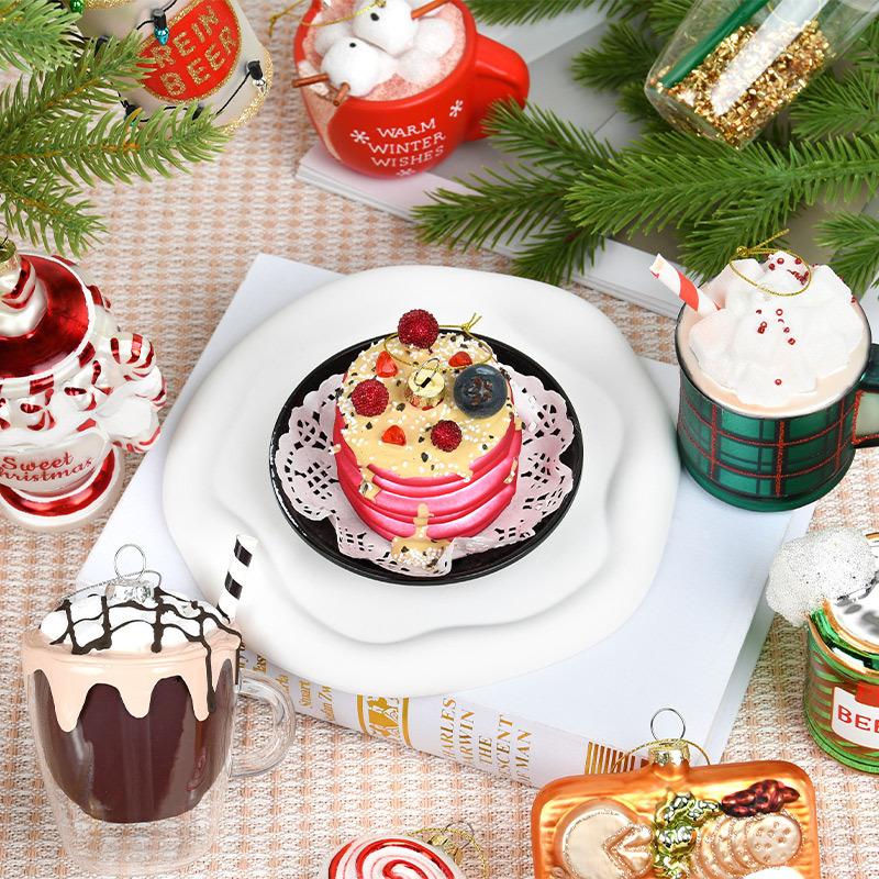 Christmas Decorative Creative Hand-Painted Glass Pendant Fun Cake/Drinks/Food Shaped Xmas Tree Hanging Ornaments New Year Gifts