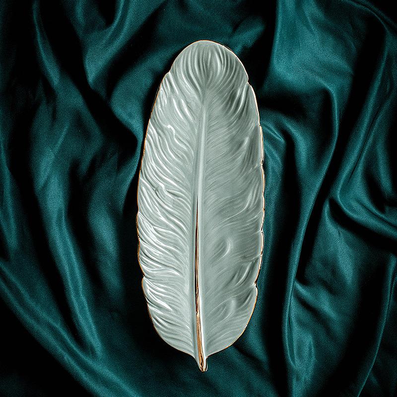 10inch Ceramic Feather Shape  Plate Gold Porcelain Dessert Jewelry Plates Dish Dinnerware Sushi Tableware Storage Tray