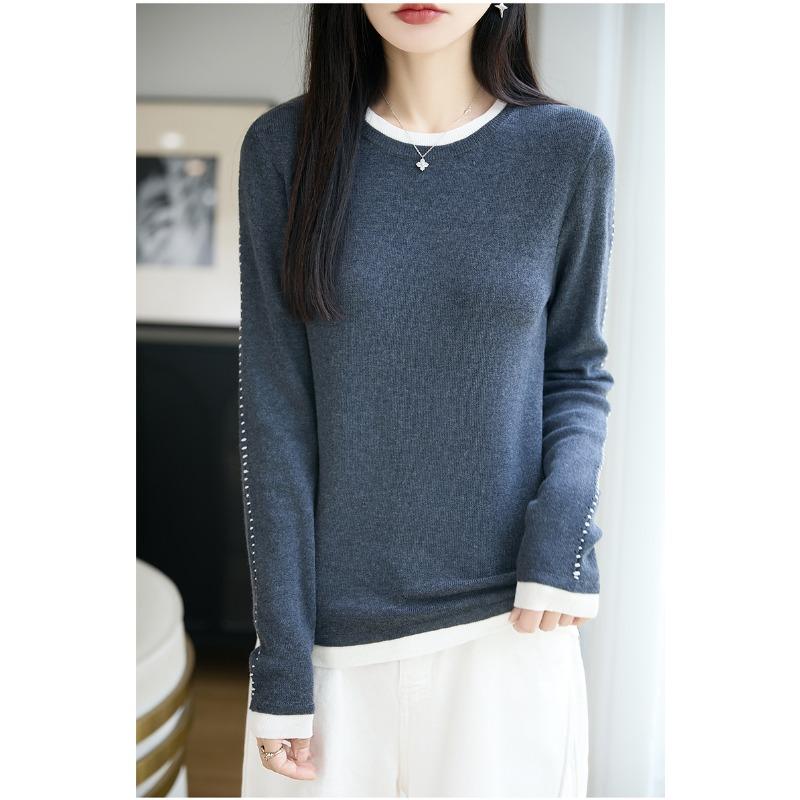 Autumn and winter worsted wool sweater crew neck knitted sweater long sleeve women's color matching loose pullover bottoming shirt top