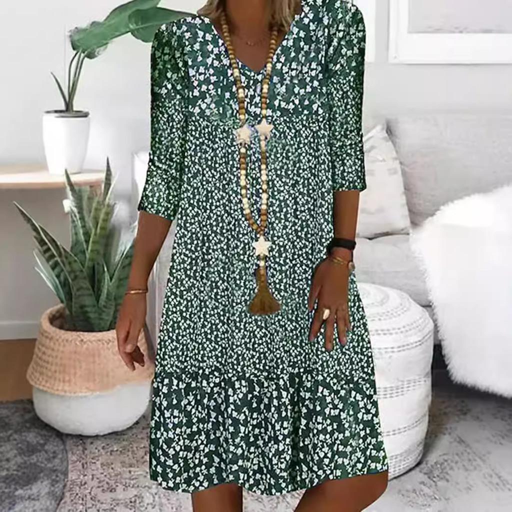 Summer Womens 3d Printed Polyester Vneck Midi Dress With Short Sleeves For Casual Wear