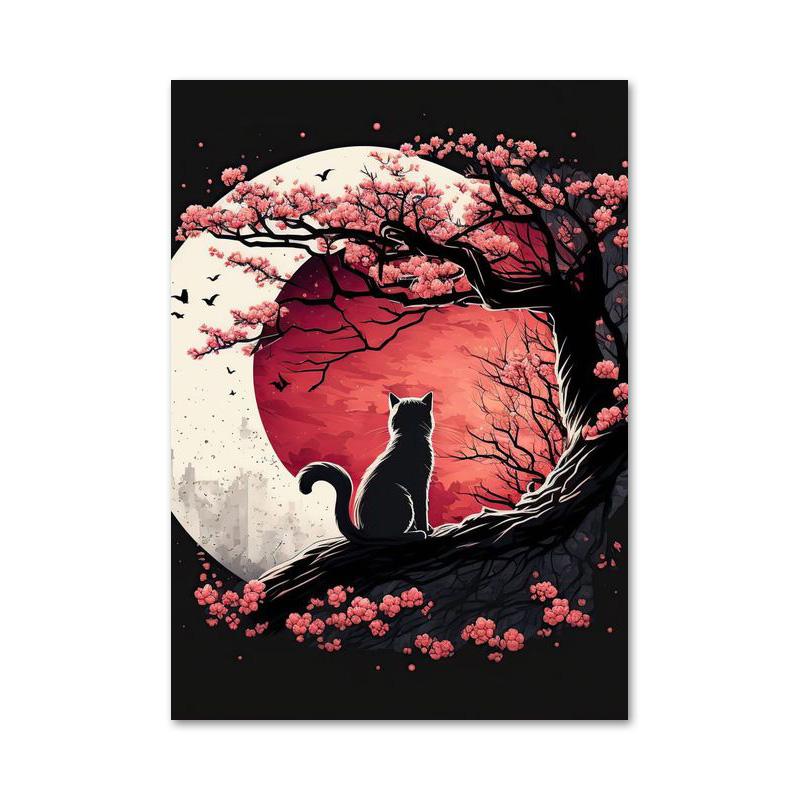 Japanische lustige Tierkatze Kirschblüte Poster und Drucke Leinwand Gemälde Wand Kunst Bilder für Wohnzimmer Wohnkultur