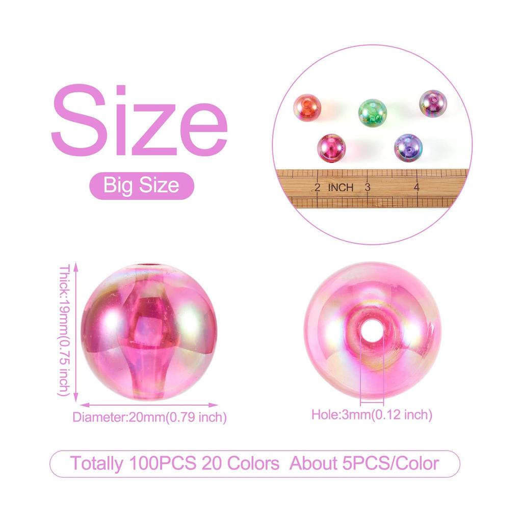 Beadthoven Set of about 20 transparent acrylic AB color round decorative bead accessory for handmade handmade craft supplies 100, 20mm, colors, beads,