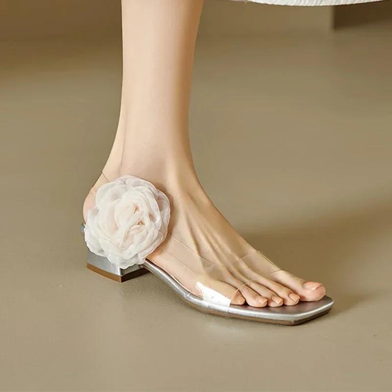 Fashion 2025 Summer New Sexy Flower  Sandals Women Pointed Toe Stilettos Shoes for Dress Party Fashion Pumps Slippers