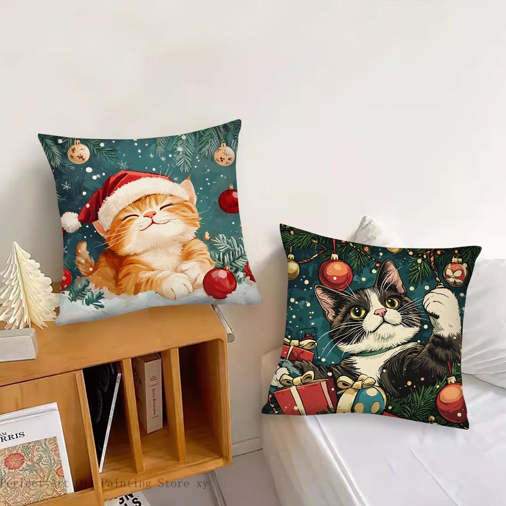 Weihnachts Katze Kissenbezug Mode Quadratischer Kissenbezug Schlafzimmer Sofa Zimmer Innendekoration Freizeit Kissenbezug 40x40