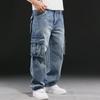 Men's American-Style Multi-Pocket Wide-Leg Loose Workwear Jeans, Large Size