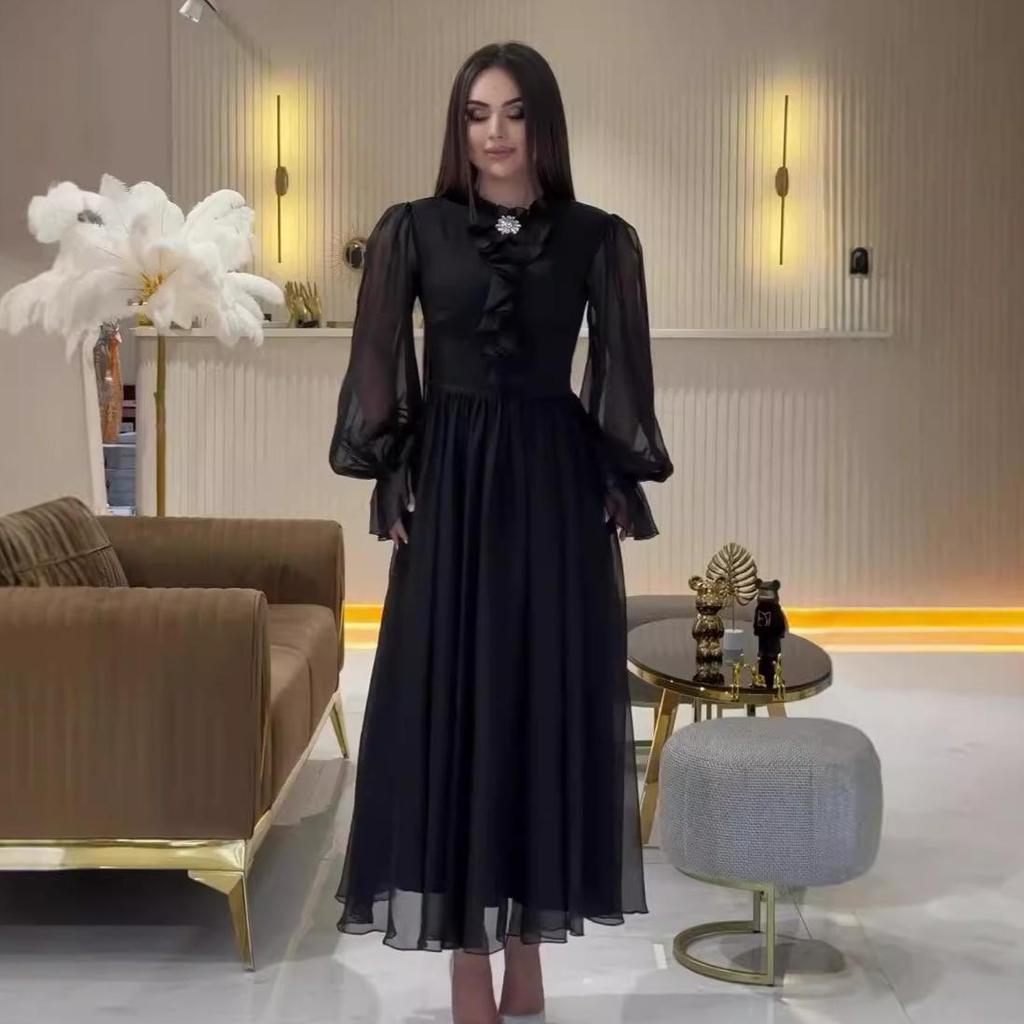 2024 Autumn Women's Lace Collar Slim Fit Long Sleeve Dress In Solid Color