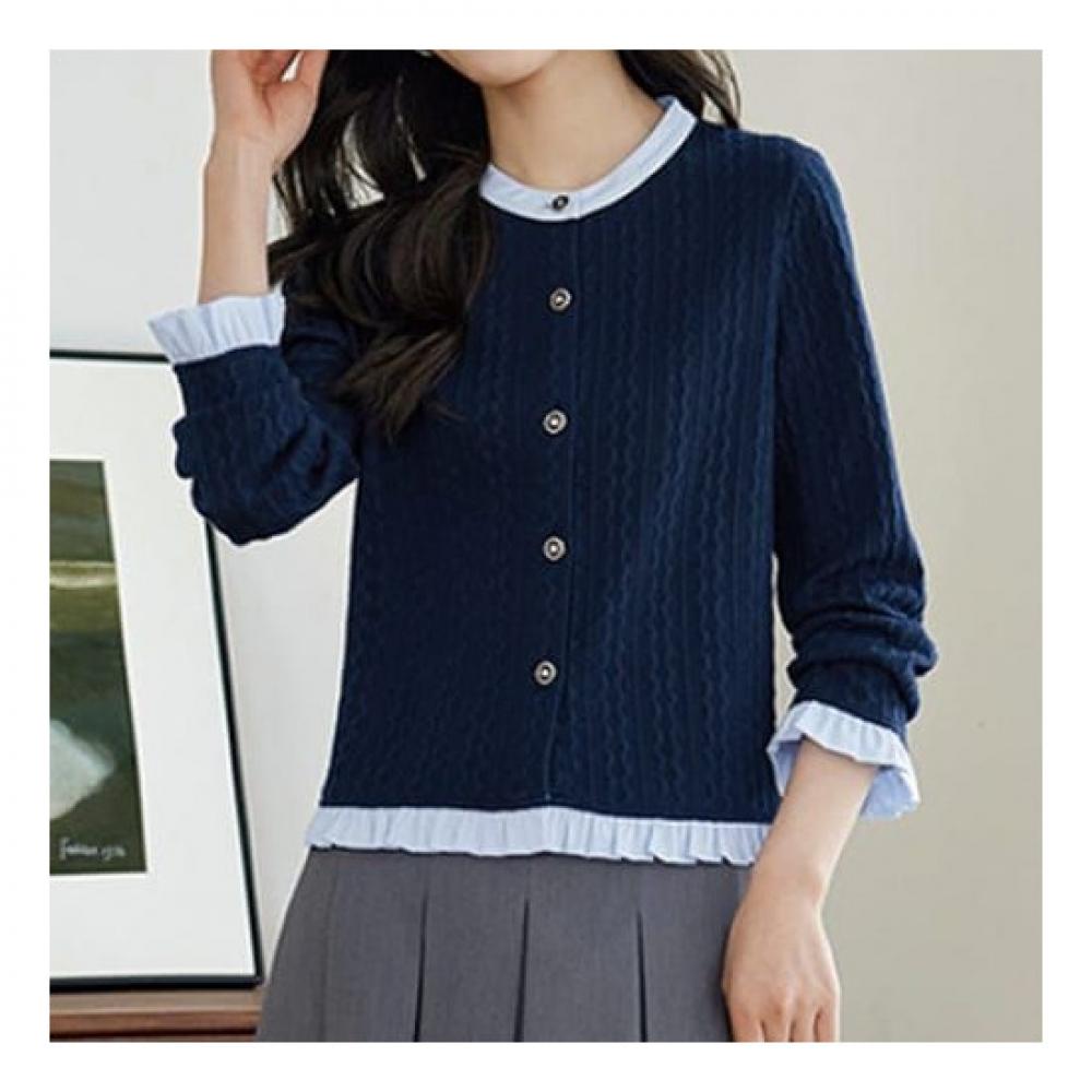 Navava Long Sleeve Knit Cardigan Frill Color Block Nk2034