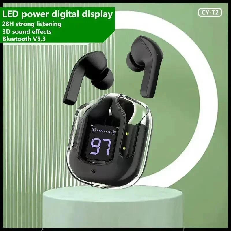 T2 Wireless Bluetooth Earphone Transparent HIFI Headphones LED Power Digital Display Stereo Sound Earphones for