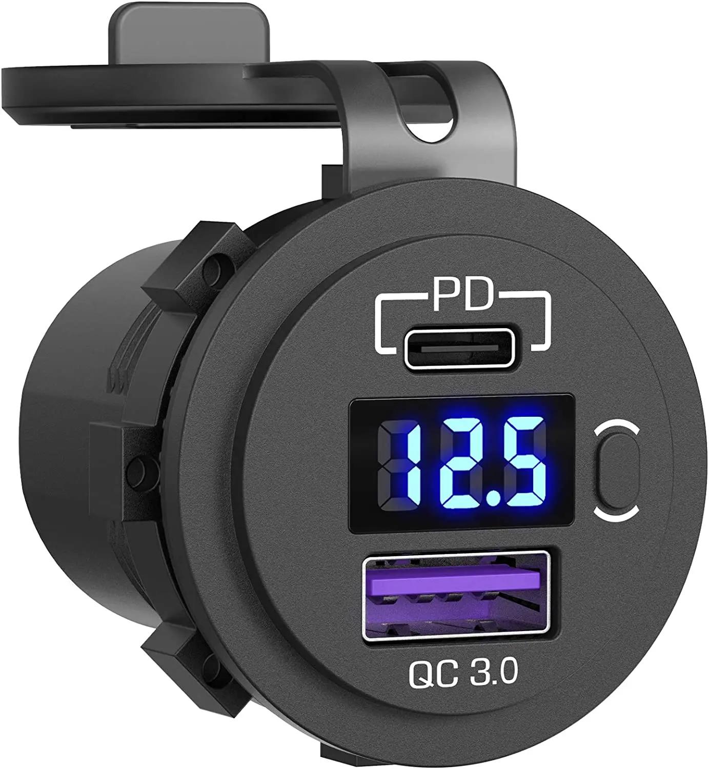 

12V/24V PD Type-C QC3.0 Dual USB Car Charger Socket with Voltmeter Switch for Car Motorcycle Boat LED Display
