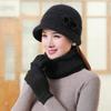 Neuer Damen Winterhut Dick Warmer Strickmütze Schal Handschuhe 2-teiliges Set Modehüte Mittelalterliche Mutter Blumen Kaninchenfell Fischerhut