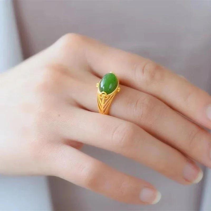 Natural Hetian Jasper Opening Adjustable Rings for Women Chinese Style Retro Unique Ancient Gold Craft Charm Brand Jewelry