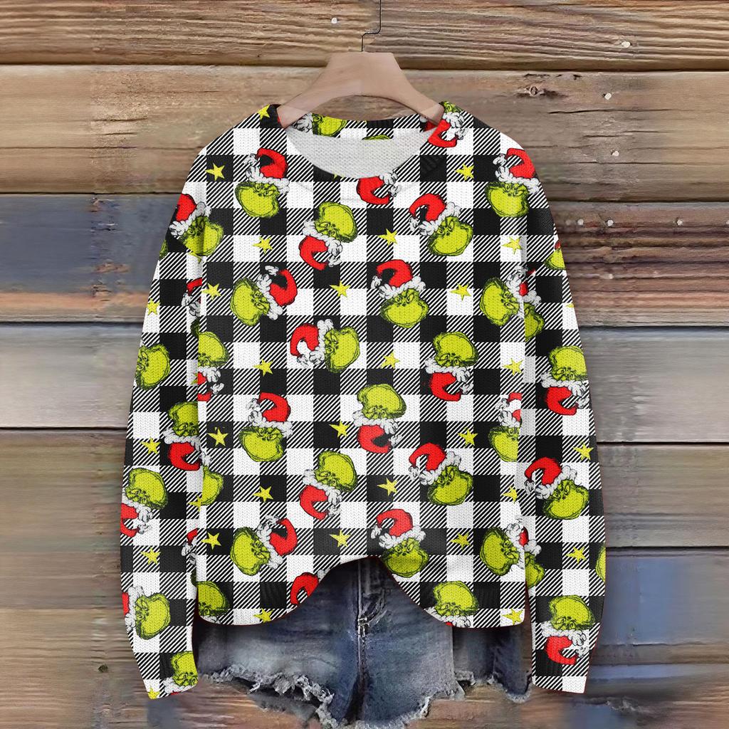 Long Sleeve Pullover Sweaters For Women O Neck Casual Cute Printing Knit Oversized Sweater
