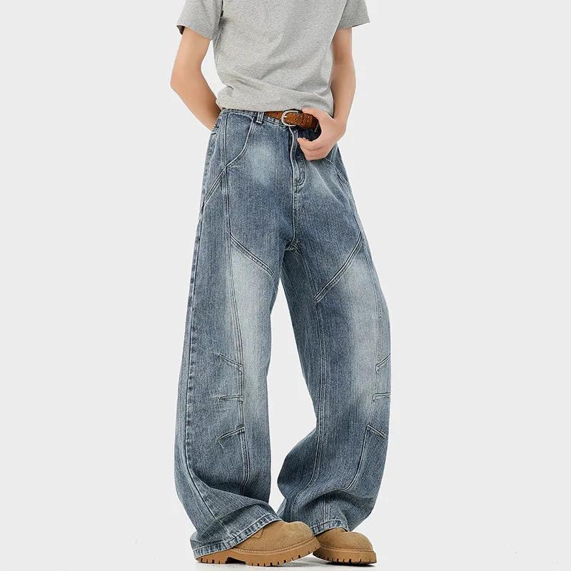2026 Men Straight Leg Jean Pants Men Denim Pants High Waist Patchwork Vintage Knife Pants Male Streetwear Trousers Casual Wear