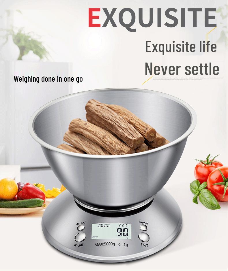 Stainless Steel Kitchen Scale with Bowl, 5kg/1g, 0.1g Precision Baking & Food Table Scale.