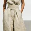 Women's Faux Linen Summer 2 Piece Outfit Sleeveless Stand Collar Top And Wide Leg Pants Matching Lounge Set with Pockets