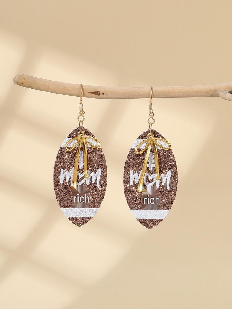 European-American Super Bowl Sporty PU Leather Football Earrings with Alloy Bowknot