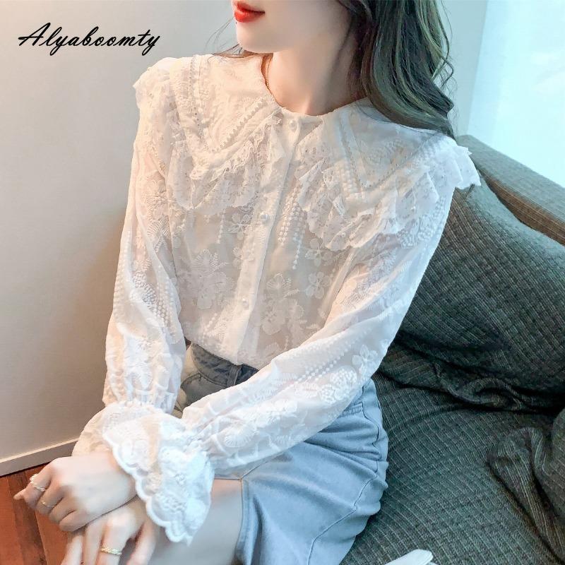 2025 French Style Spring Autumn Women Lace Blouse Peter Pan Collar Beading Floral Ruffles Shirt Elegant Feminine Ladies' Chic Blouse