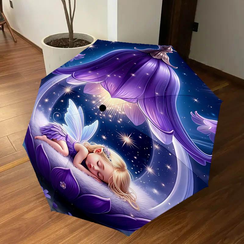 1 Stück Feenblume Automatisches Öffnungs-/Schließschirm mit Winddichtigkeit, Stabiles Dach mit 8 Speichen, Langlebige Speichen, Modisches Design, Outdoor-Accessoire, Lustiger Druck, Hol