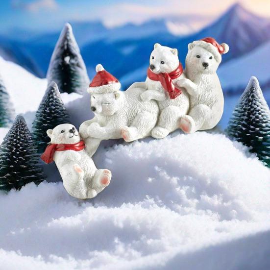Christmas Polar Bear Family Figurine Santa Hat Red Scarf Four