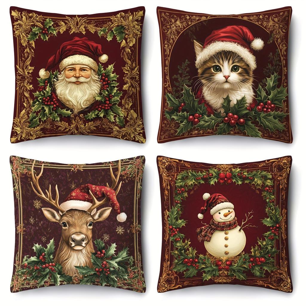 Christmas Cute Fun: Reindeer, Snow Cat with Holy Hat, Snowman and Old Saint New Year Home Decoration 2d Flat Printing