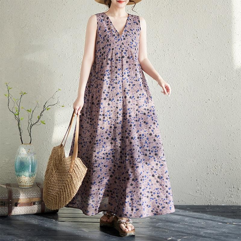 Sleeveless Plus Size Cotton Vintage Floral New In Dresses for Women Casual Loose Long Summer Dress