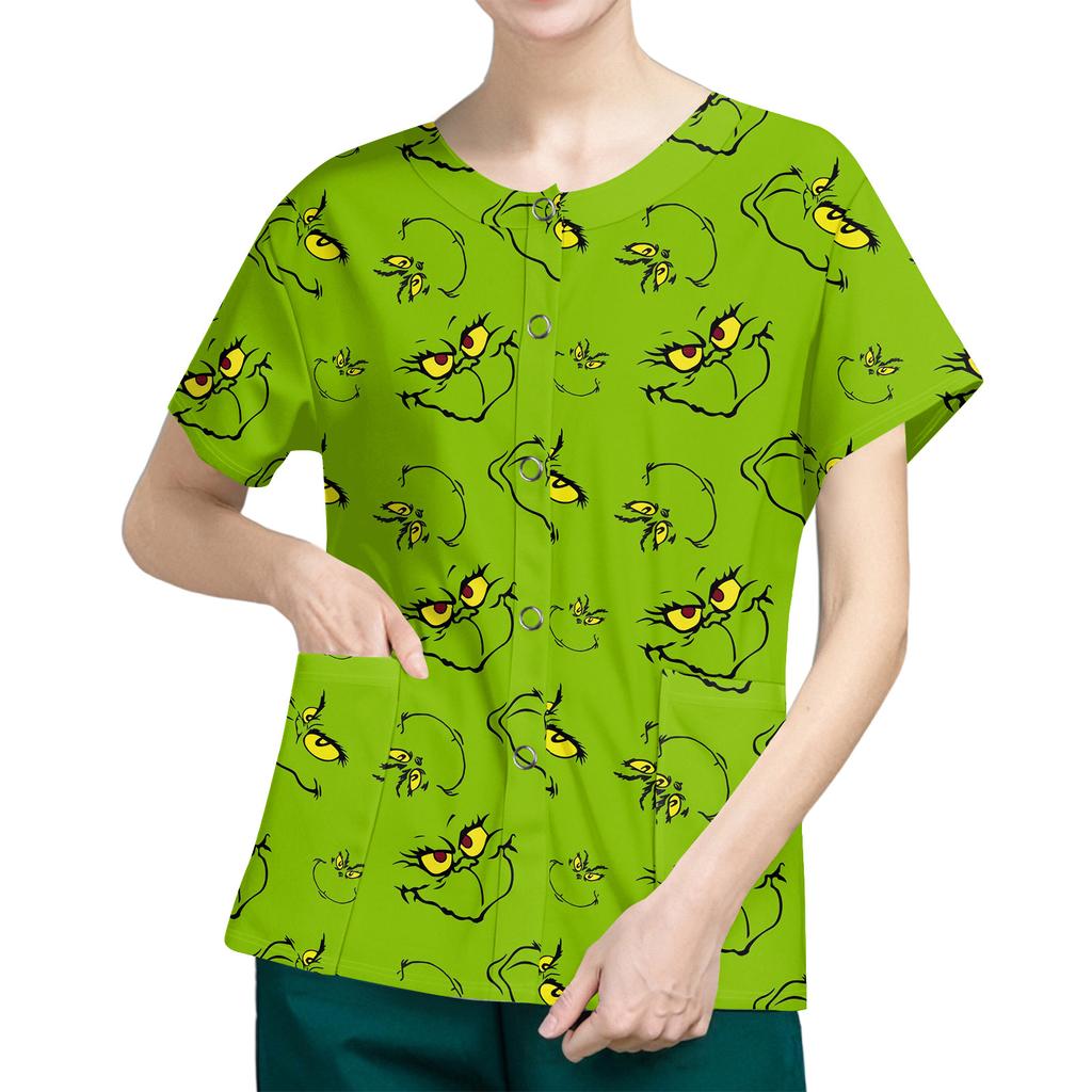 Women's Short Sleeved Patterned Pockets, Work Print Stand Up Collar, Single Breasted Protective Clothing, Cardigan Jacket, Top