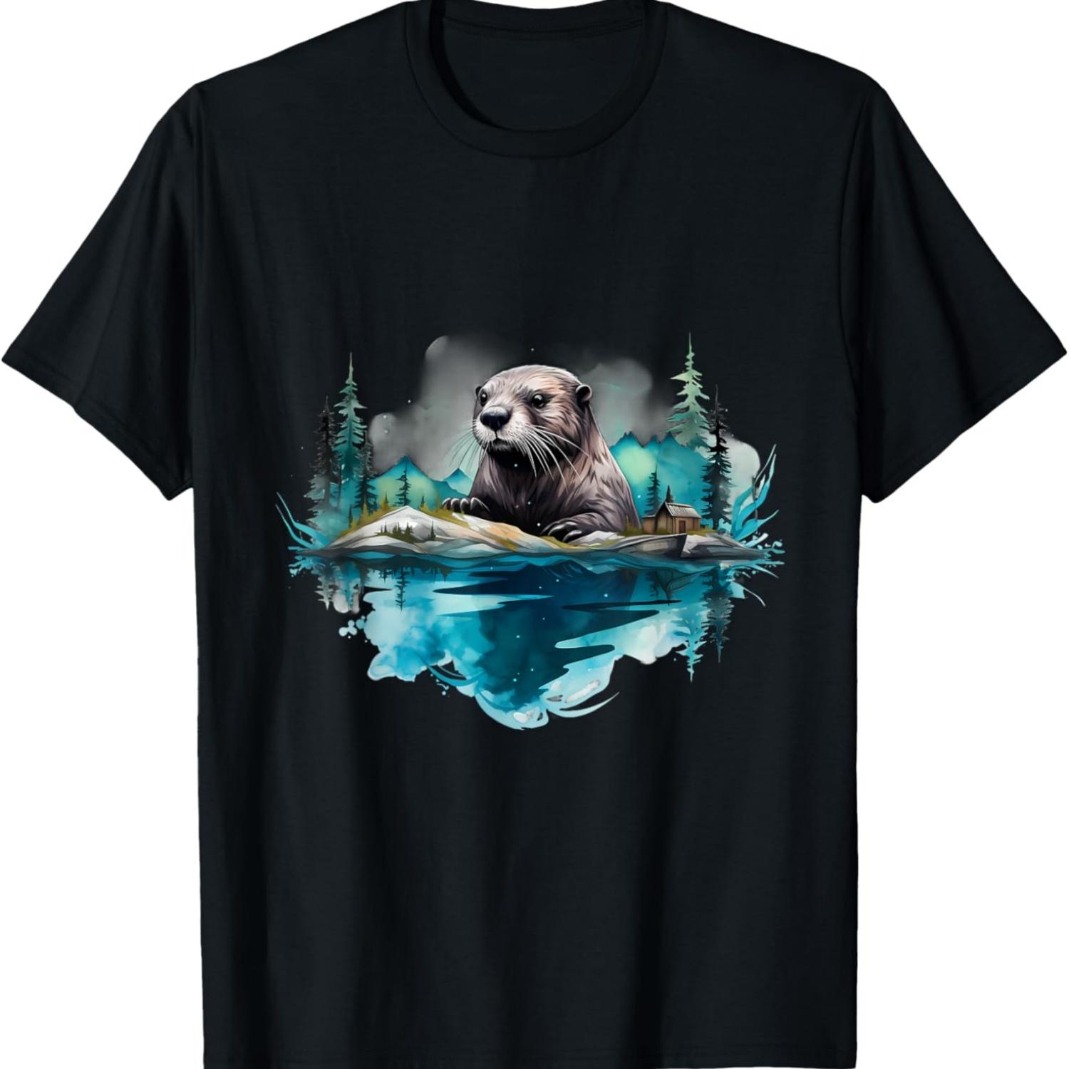 Otter Landscape Wildlife Nature Forest Artwork Motif T-Shirt S