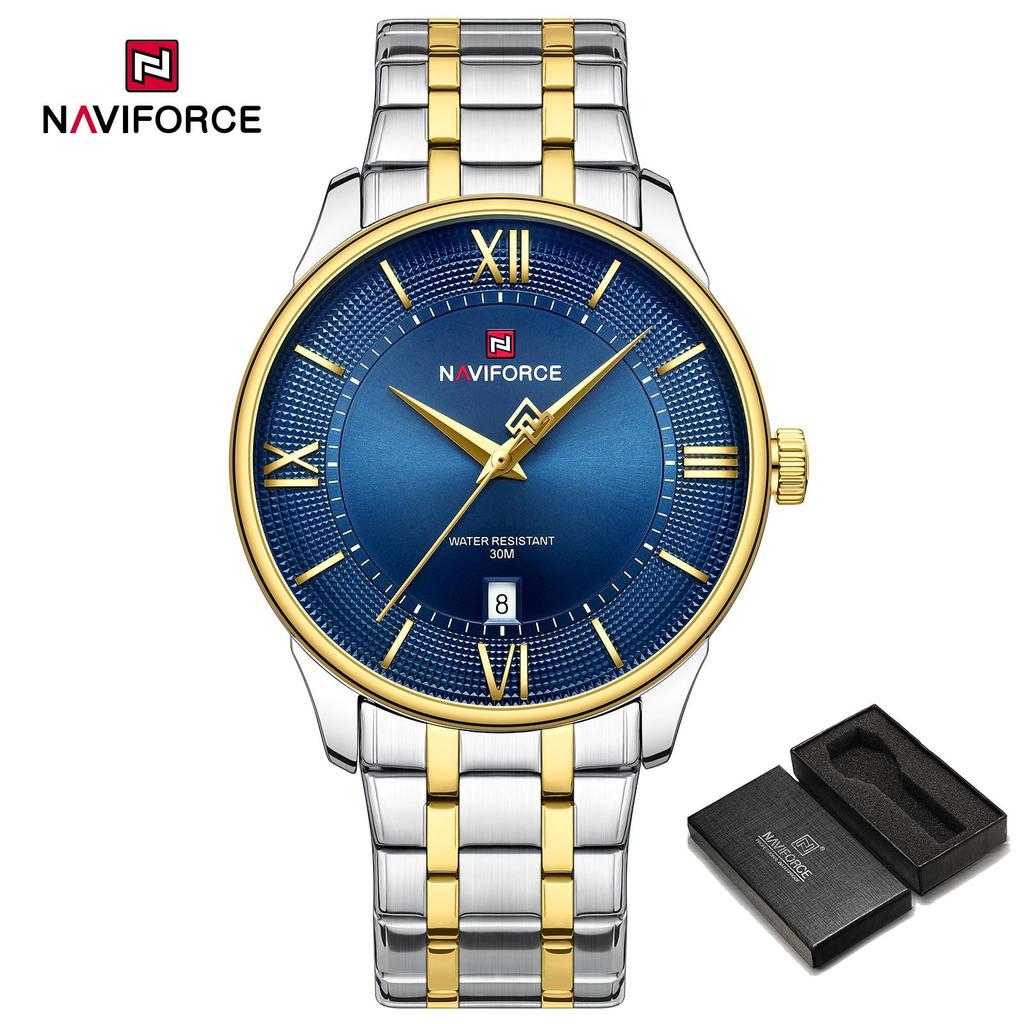 NAVIFORCE Men Quartz Watch Daily Casual Calendar Simple Dial 30m Waterproof Stainless Steel Strap Men Casual Watch Gift NF9272S