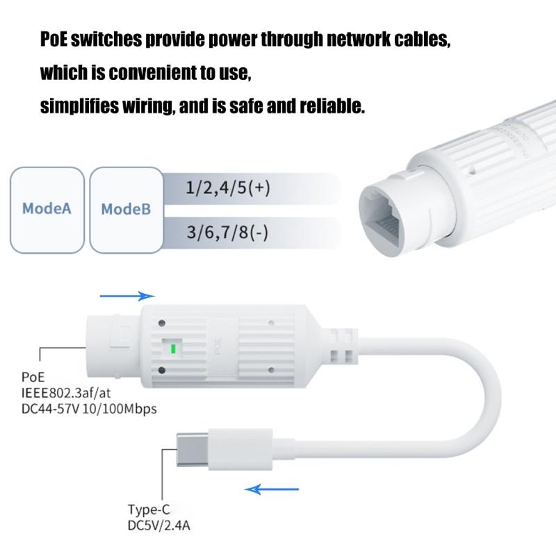 48V to 5V 2.4A POE Converter POE to Type C Adapter IEEE802.3af/at Standard 10/100Mbps Type C Power Over Ethernet Adapter