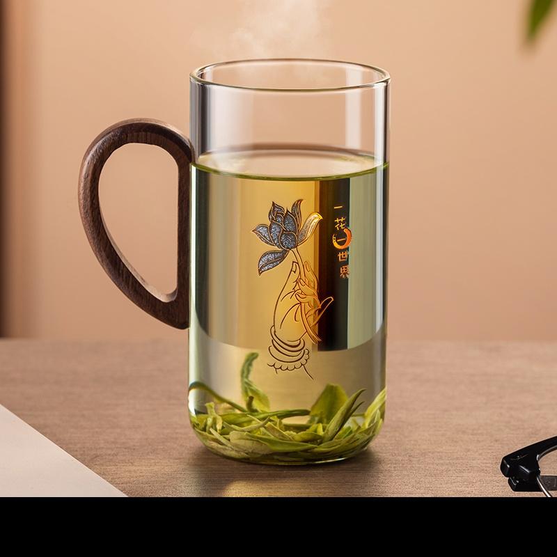 GIANXI 500ML Wooden Handle Coffee Mug Household Transparent Kitchen Glass Cup Cinerous Flower Tea Cup Coffeeware Teaware