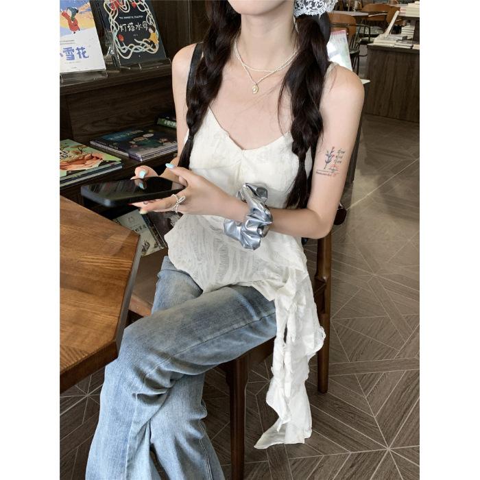 Spice girl retro ruffle edge splicing irregular sling vest women's summer design sense old top