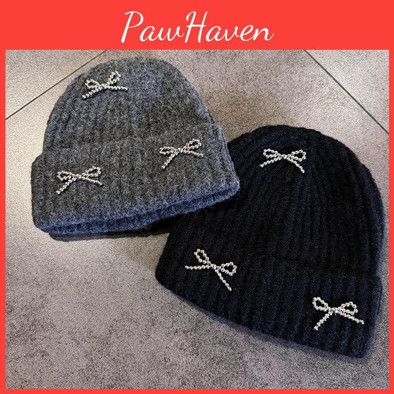 Fashion Solid Color Bow Decoration Women Casual Knitted Hat Autumn Winter And