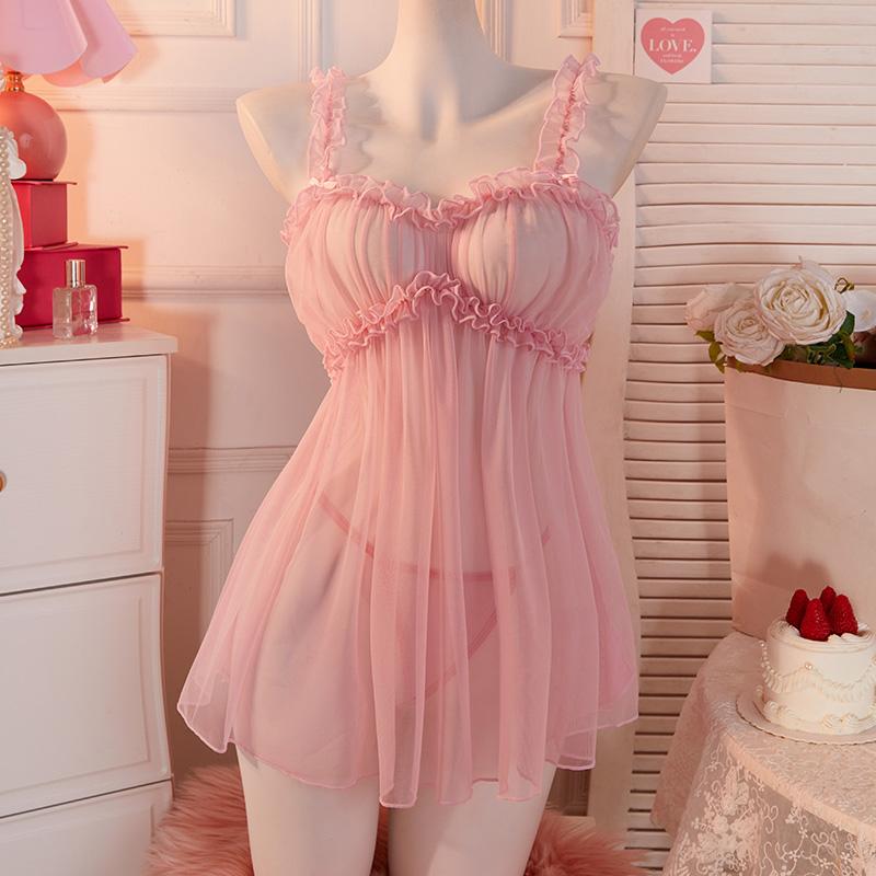 Sexy Lingerie Elastic G Strings Sleeveless Women Pajama Suit See Through Pink Mesh Nightdress Homewear Babydolls Erotic Costumes