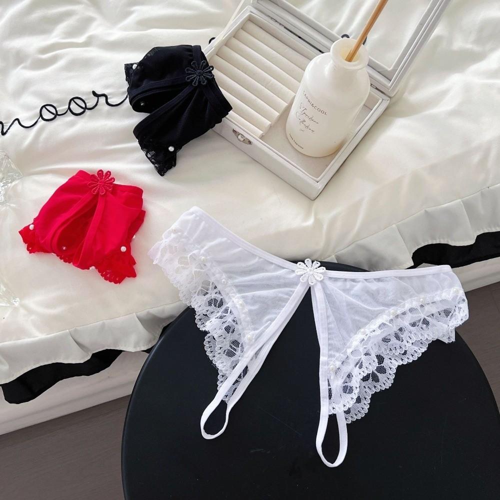 Pearl Decor Sheer Mesh Lace Thong Low Waist Mesh T Panties Lace Underwear  Home