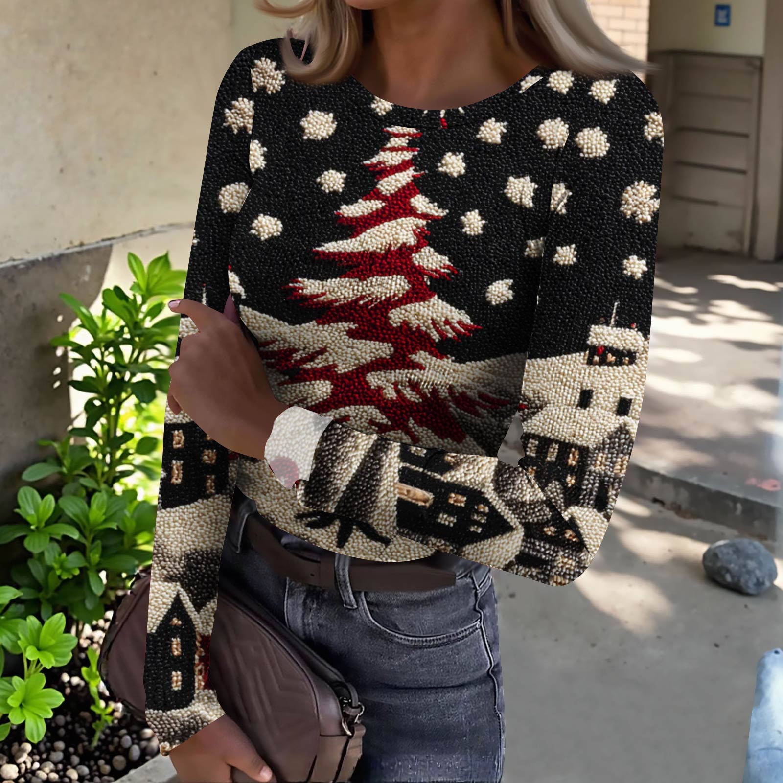 

Женская футболка с облегающим низом, модная повседневная с градиентным принтом, пуловер с круглым вырезом и длинными рукавами M чёрный