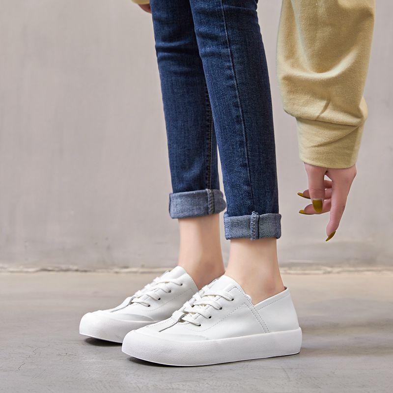 Fashion GKTINOO Genuine Leather Lace Up White Shoes For Women Flats Heel Sofe Soles Sneakers Shoes Luxury Leisure Fashion Big Head Shoes
