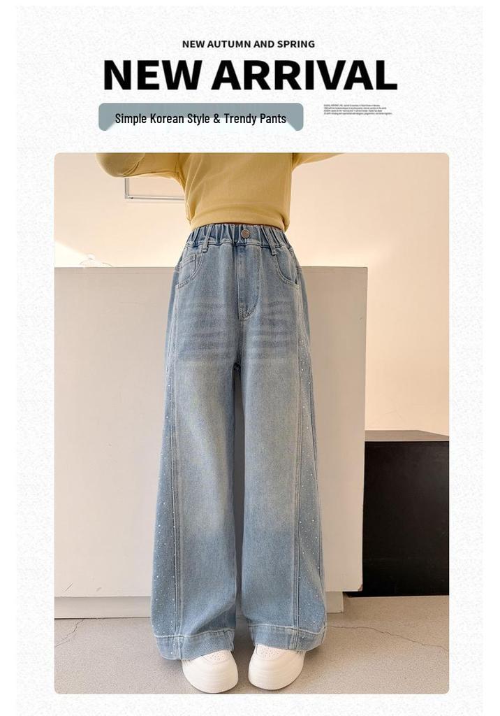 Girls' Rhinestone Straight-Leg Wide Jeans - Versatile Spring and Autumn Fashion 2026