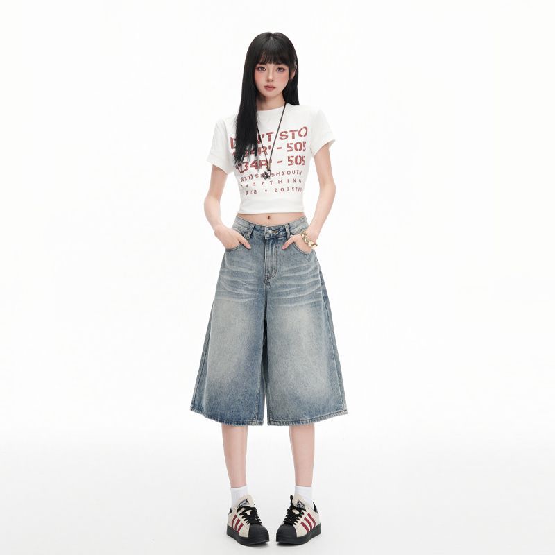 Trendy Summer Light Blue Designer Washed Loose Straight Wide Leg Cropped Capri Denim Shorts For Women Versatile Slimming AllMatch Casual Capri Pants