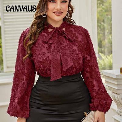 Plus Size Women's Shirt Tie Bow Top Long Sleeve Commuter Loose Blouse